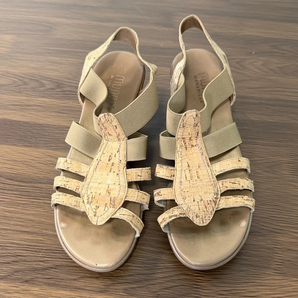 Munro American Cork Strappy Wedge Sandals Tan‎ Elastic 7M 78401